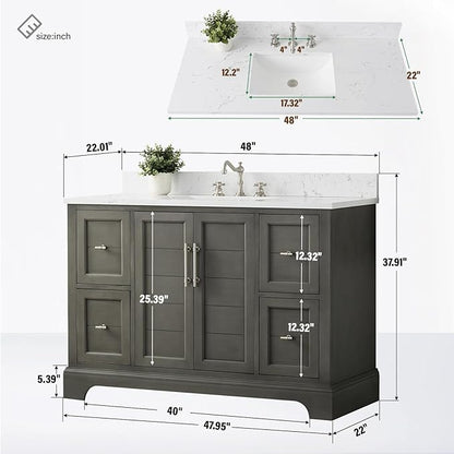 HOMEBEYOND 48 Inch Bathroom Vanity with Single Sink & Ceramic Top, Vanity Cabinet with Center Countertop Basin, Soft-Closing Doors, Backsplash,Sliver Grey