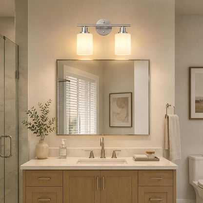 Unicozin 2 Light Bathroom Light Fixtures, Modern Vanity Lights with Milky White Glass Shade, Brushed Nickel Wall Lamp Over Mirror for Bathroom, Living Room, Cabinet, Bedroom, E26 Base