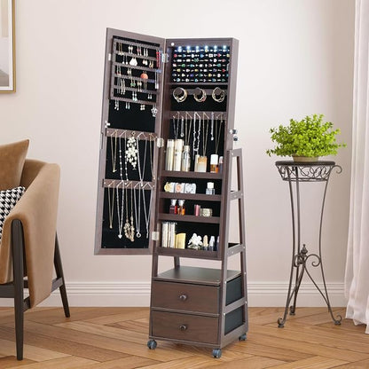 Jewelry Armoire Cabinet Organizer Standing with 20 LED Lights Lockable | Full Length Mirror with Storage Shelves and 2 Drawers (Brown) Adjustable Tilt Angles Gift for Her