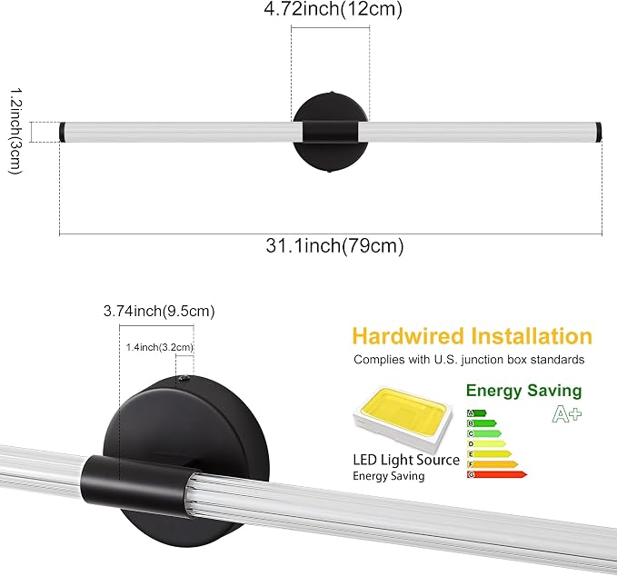 Wall Sconces Set of 2 Hardwired LED Vanity Light Black 31" | Dimmable 5CCT LED Bathroom Light Fixtures, 360° Full Lighting, Modern Vanity Light Bar for Bathroom Mirror