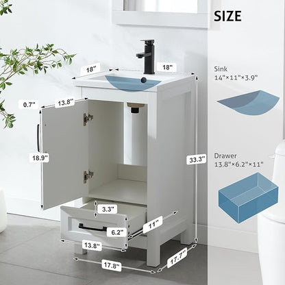 eclife 18" Bathroom Vanities with Sink Combo, Modern Thickened Wood Bathroom Storage Cabinet w/Undermount Sink, Matte Black Faucet Drain, Painted Surface, White