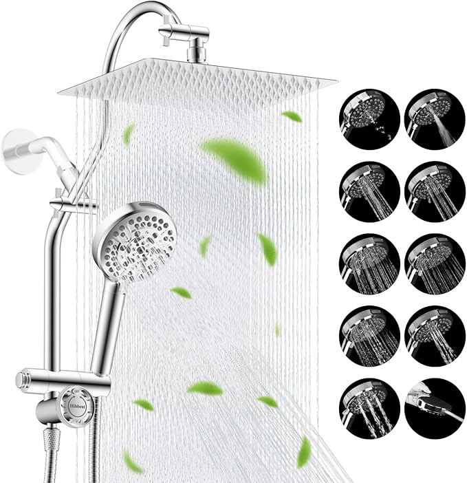 Hibbent High Pressue All Metal 12" Rainfall Shower Head, Handheld 10-Spray | cUPC Certified Chrome Dual Showerhead Combo, 4-way Diverter with Pause Mode, Brass Extension Arm, 71'' Shower Hose & Holder
