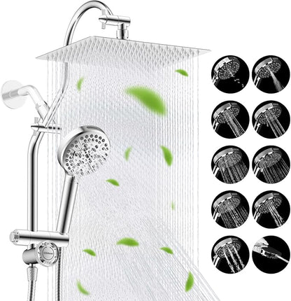 Hibbent High Pressue All Metal 12" Rainfall Shower Head, Handheld 10-Spray | cUPC Certified Chrome Dual Showerhead Combo, 4-way Diverter with Pause Mode, Brass Extension Arm, 71'' Shower Hose & Holder