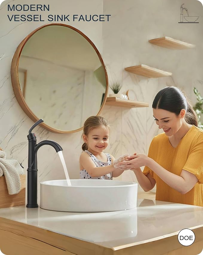 Tall Bathroom Faucet Single Hole, Brass Vessel Sink Faucet Black with 1 Handle, Arched Aerator Spout, Pop Up Drain & Pre-Installed cUPC Water Hoses for Modern Style Bowl Sink, 5 Mins Install