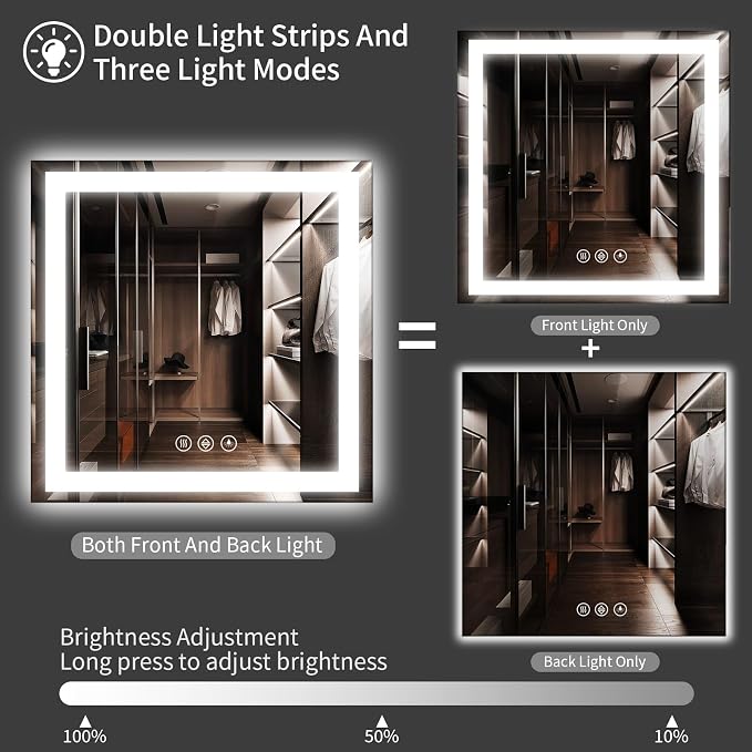 Koonmi 42x42 LED Bathroom Mirror with Light, Anti-Fog, 3 Colors | Backlit + Front Lit, Dimmable Brightness, Shatterproof HD Distortion-Free Tempered Glass, Hardware Included