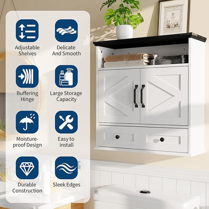 Farmhouse Wall Mounted Medicine Cabinet with Adjustable Shelves, Double Barn Doors & Removable Drawer - Rustic Bathroom Over The Toilet Storage Cabinet for Bathroom, Kitchen, Hallway