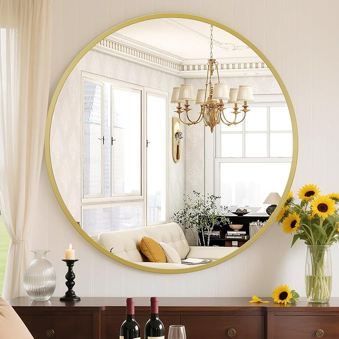 Sweetcrispy 30 Inch Round Wall Mirror, Bathroom Mirror for Over Sink | Tempered Glass, Anti-Fog & Waterproof Round Mirrors for Bathroom, Entryway, Bedroom, Shatterproof Design, Gold
