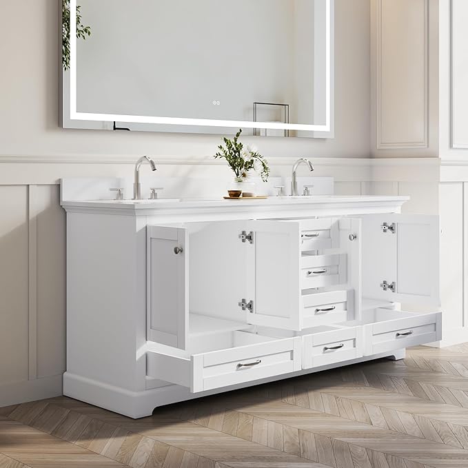 WELLFOR 72 Inch Bathroom Vanity with Double Sinks, Solid Wood Bathroom Vanity W/4 Soft-Close Doors and 6 Drawers, Cultured Marble Countertop Bathroom Vanities W/Two Sinks (White)