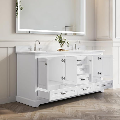 WELLFOR 72 Inch Bathroom Vanity with Double Sinks, Solid Wood Bathroom Vanity W/4 Soft-Close Doors and 6 Drawers, Cultured Marble Countertop Bathroom Vanities W/Two Sinks (White)