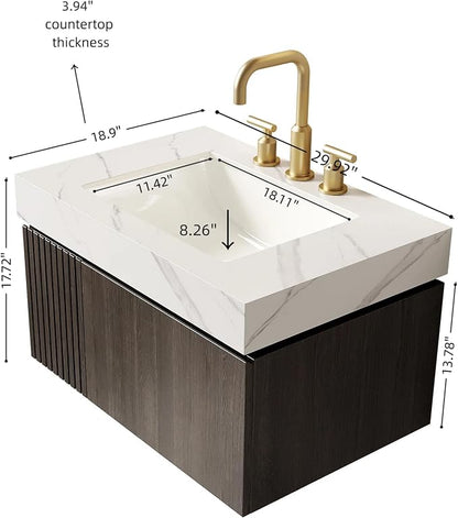 KEIKI 30 Inch Floating Bathroom Vanity with Sink, Espresso & White | Modern Wall Mounted Storage Cabinet w/ Drawer & Door, Pre-assembled Wood Panels, Sintered Stone Top & Ceramic Basin Combo Set