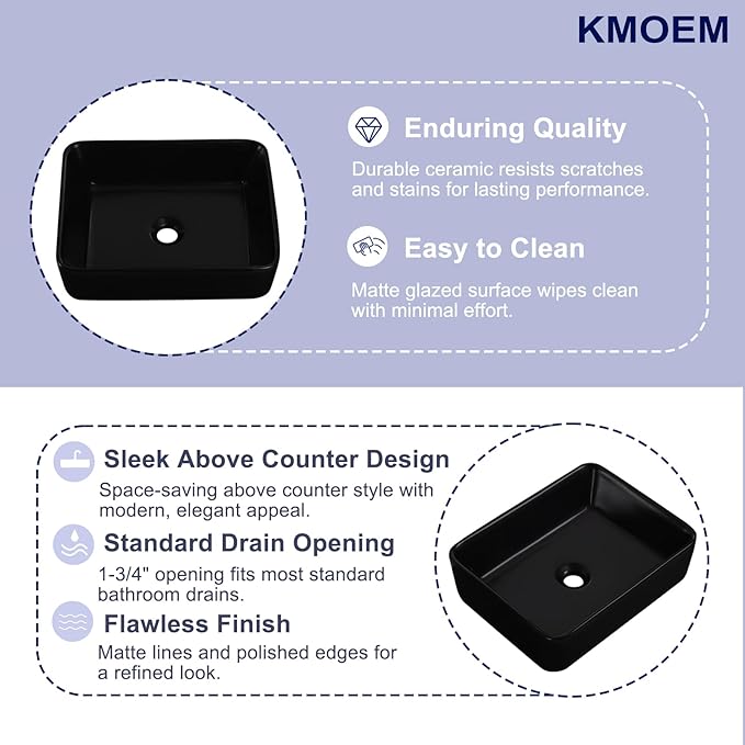 Vessel Sink 19"x15" Rectangular Bathroom Sink Modern Black Porcelain Ceramic Above Counter Drop-in Vanity Sink for Bathrooms Art Basin