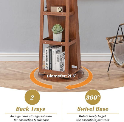 MAT EXPERT 360° Rotating Jewelry Armoire, Lockable Freestanding Jewelry Organizer w/Full-length Mirror, 3-Color LED Lights, Rear Storage Shelves, Mirror Jewelry Cabinet for Bedroom (Walnut)