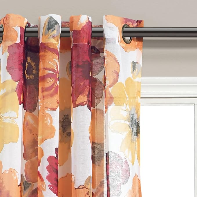 Lush Decor Leah Floral Sheer Window Curtain Panels Pair 52"W x 84"L Red & Orange - Floral Curtains for Bedroom - Sheer Curtains for Living Room