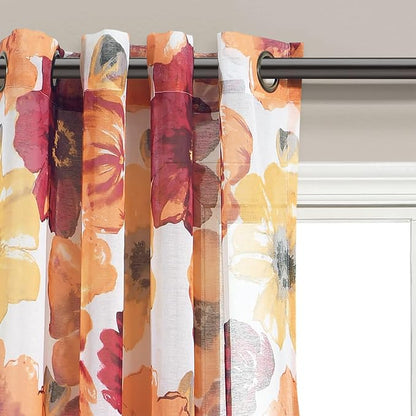 Lush Decor Leah Floral Sheer Window Curtain Panels Pair 52"W x 84"L Red & Orange - Floral Curtains for Bedroom - Sheer Curtains for Living Room