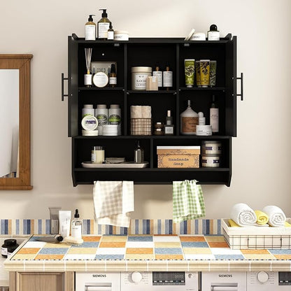 RUSTOWN Fluted Bathroom Wall Cabinet, Mid-Century Modern Medicine Cabinet with Adjustable Shelves & Towel Bar,3-Tier Wall Mounted Cabinets, Over The Toilet Storage Cabinets for Bathroom, Rustic Black