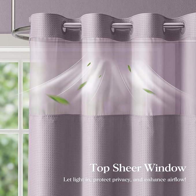 Lavender Hook Free Waffle Shower Curtain & Snap Fabric Liner,72x99 | Less Time to install, 3 in 1 Fabric Shower Curtain and Liner Set with Magnets, Extra Long, Shower Curtains for Bathroom