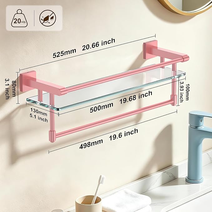 Bathroom Glass Shelf Towel Rack Shelf Glass Organizer Wall-Mounted Bathroom Storage SUS304 Stainless Steel Towel bar/Track Wall-Mounted Tempered Glass Stainless Steel Shelf (Pink, 20‘’ with Railing)