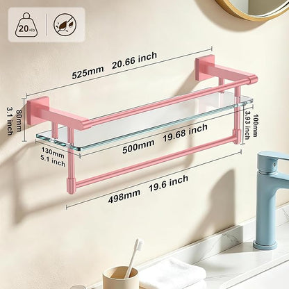 Bathroom Glass Shelf Towel Rack Shelf Glass Organizer Wall-Mounted Bathroom Storage SUS304 Stainless Steel Towel bar/Track Wall-Mounted Tempered Glass Stainless Steel Shelf (Pink, 20‘’ with Railing)