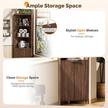 VINGLI Tall Corner Cabinet with Fluted Doors, 68" Walnut Corner Storage Cabinet with Adjustable Shelves, Freestanding Wood Corner Bookshelf for Bathroom, Living Room & Kitchen, Space-Saving