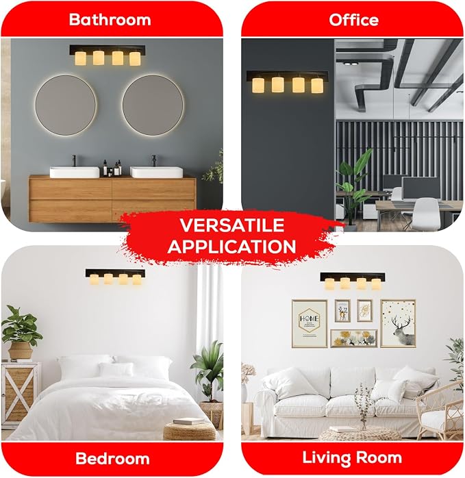 4-Light Bathroom Vanity Bar Light Fixture - Matte Black | Modern Frosted glass shades with E26 socket. Matte Wall sconce lighting perfect over mirror, kitchen, hallway, or entryway