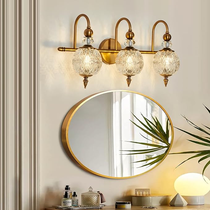 Vintage Bathroom Lights Fixtures Gold Vanity Light with Glass Globe LampShade 3 Light Mid Century G9 Bulb Wall Sconce Indoor Vanity Light Over Mirror for Kitchen Bedroom Farmhouse Living Room