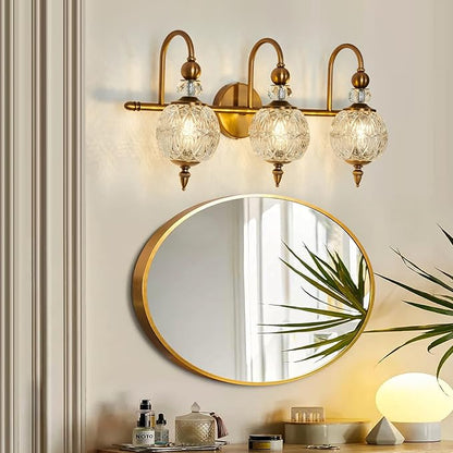 Vintage Bathroom Lights Fixtures Gold Vanity Light with Glass Globe LampShade 3 Light Mid Century G9 Bulb Wall Sconce Indoor Vanity Light Over Mirror for Kitchen Bedroom Farmhouse Living Room