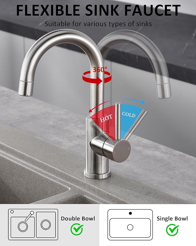 Tohlar Brushed Nickel Bar Sink Faucet Single Handle, Single Hole Bathroom Sink Faucet with Sprayer, Prep Wet Small Faucet for Kitchen/RV/Vanity, Bathroom Faucet with Swivel Spout & Pop Up Drain