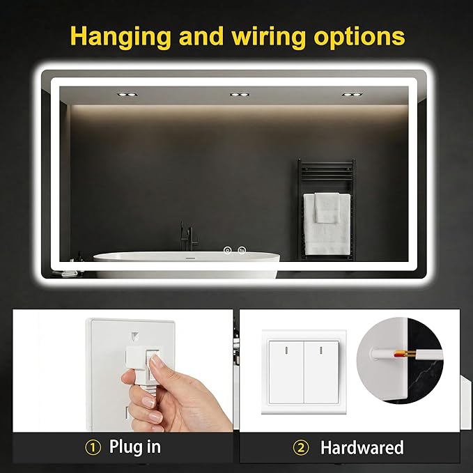 LED Bathroom Mirror with Lights - Anti-Fog, Dimmable, Backlit+Frontlit, 3 Color Light - 55"x30" Lighted Vanity Mirrors for Wall, Shatterproof Tempered Glass, Memory Function