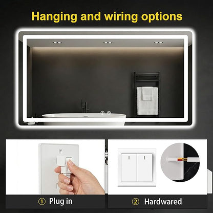 LED Bathroom Mirror with Lights - Anti-Fog, Dimmable, Backlit+Frontlit, 3 Color Light - 50"x30" Lighted Vanity Mirrors for Wall, Shatterproof Tempered Glass, Memory Function