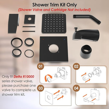 Replacement for Delta Shower Trim Kit 14 Series, Bath Tub Matte Black Shower Faucet Set, 6-Inch Black Shower Head and Handle Set(Valve/Cartridge Not Included)
