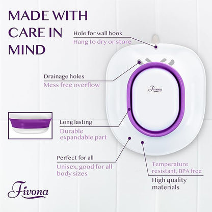 Fivona Sitz Bath for Toilet Seat Postpartum and Hemorrhoids Care - Yoni Steam Seat - Foldable Basin for Epsom Salt Soak - Portable Bidet BPA Free Temperature Resistant - Universal Fit - Purple