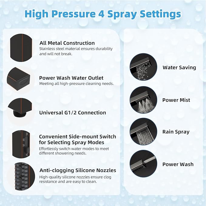 Hibbent All Metal CUPC Certified 8'' Rain Shower Head, Dual Shower Head Combo, High Pressure Handheld 4 Sprays Shower Wand, 16'' Adjustable Extension Arm, 71'' Hose, Shower Holder, Oil Rubbed Bronze