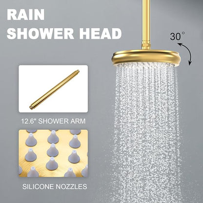Enga Antique Dual Shower Head Faucet Set - 8" Ceiling Mount Rain Shower & 6" Wall-Mounted Vintage Rainfall + Handheld Spray Combo, Brushed Gold
