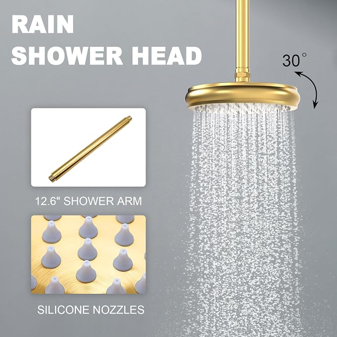 Enga Antique Shower Faucet Sets Dual Heads with Tub Spout 8" Ceiling & 6" Wall Mount Vintage Shower Head Handheld Spray Combo, 4 Way Diverter Brass Rough in with Trim Kit, Brushed Gold