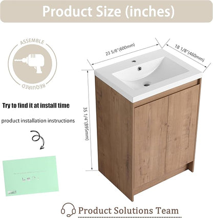 24" Bathroom Vanity with Sink, 24 Inch Freestanding Vanity, Single Resin Sink Floor Stand Bathroom Sink Cabinet with 2 Doors, Imitative Oak (Space-Saving for Small Bathrooms)