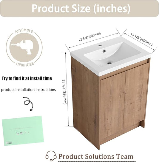 24" Bathroom Vanity with Sink, 24 Inch Freestanding Vanity, Single Resin Sink Floor Stand Bathroom Sink Cabinet with 2 Doors, Imitative Oak (Space-Saving for Small Bathrooms)