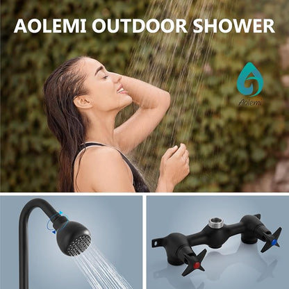 Aolemi Outdoor Shower Kit, 6-Inch Center, 2-Handle, Matte Black | Solid Brass Mixer Valve, SUS304 Shower Pipe, Dual-Handle Hot And Cold Control, Reversible Inlets, and Rotating Head