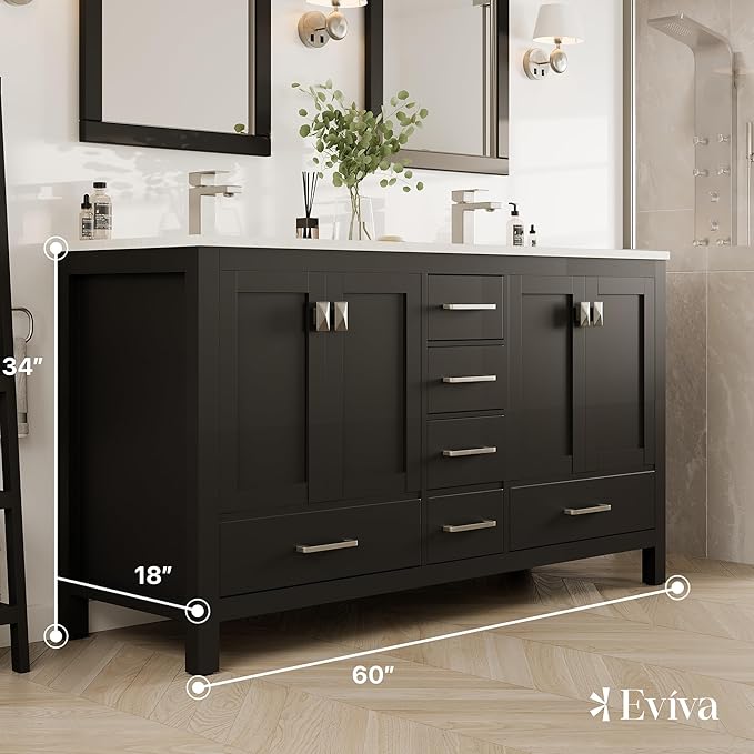 Eviva London 60" W x 18" D Espresso with Sink Bathroom Vanity with White Carrara Quartz Countertop and Undermount Porcelain Sinks
