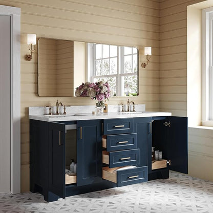 ARIEL Taylor 72-inch Bathroom Vanity with Sink,Solid Wood, 1.5-inch Italian Carrara Marble Countertop, Double Rectangular Porcelain Sink, 4 Soft Closing Doors, 6 Dovetail Drawers, Midnight Blue