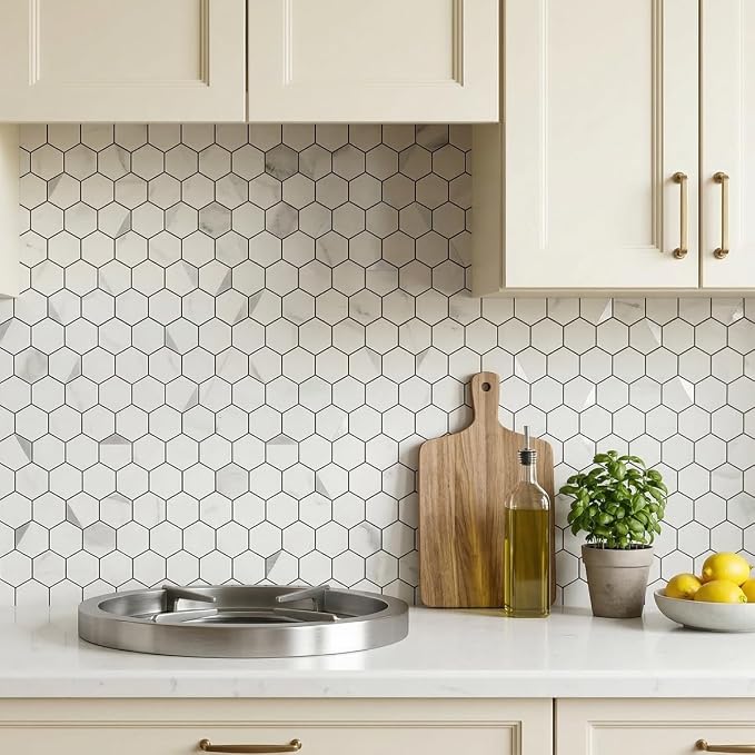 Hexagon Peel and Stick Backsplash for Kitchen Wall,20 Sheets Heat Resistant Stick on Backsplash PVC Tiles, 12'' Gray White Marble Waterproof Peel and Stick Tile for Bathroom