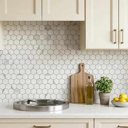 Hexagon Peel and Stick Backsplash for Kitchen Wall,20 Sheets Heat Resistant Stick on Backsplash PVC Tiles, 12'' Gray White Marble Waterproof Peel and Stick Tile for Bathroom