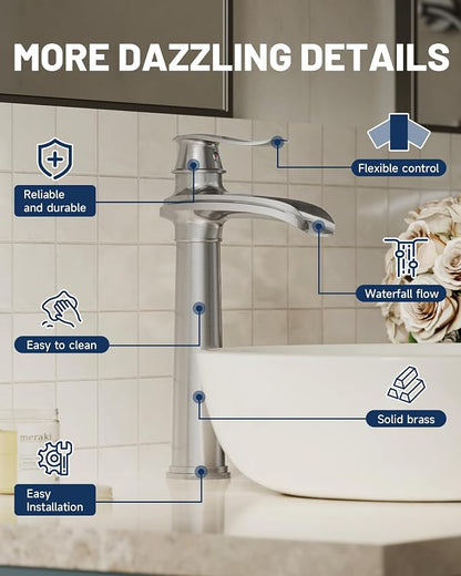 Brushed Nickel Vessel Sink Faucet Brass 12 Inch Waterfall Bathroom Faucet | with Pop Up Drain Assembly and Supply Hoses, Single Handle Tall Bathroom Faucets Lavatory Vanity Mixer Tap by BATHLAVISH