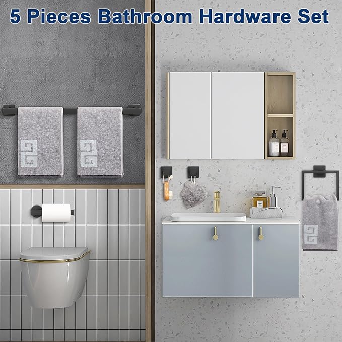 NearMoon 5 Pieces Bathroom Hardware Set 304 Stainless Steel, Square Towel Rack Kit - 24" Towel Rod + Towel Ring + Toilet Paper Holder + 2 Robe Hooks, Wall Mounted Bath Accessories (Matte Black)