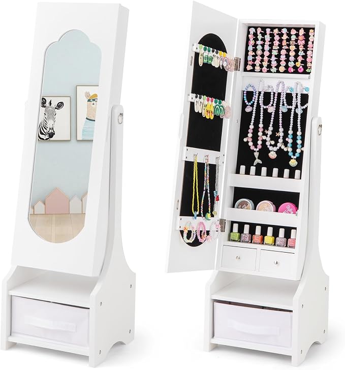 CHARMAID Kids Jewelry Armoire Cabinet - Standing jewelry Organizer for Girls, Full Length Mirror, Storage Drawers and Shelves, Kids Vanity Dressing Mirror with Storage (White)