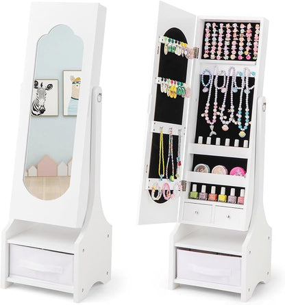 CHARMAID Kids Jewelry Armoire Cabinet - Standing jewelry Organizer for Girls, Full Length Mirror, Storage Drawers and Shelves, Kids Vanity Dressing Mirror with Storage (White)