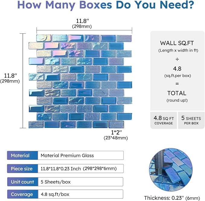 Pool Glass Mosaic Tiles, Iridescent Blue, 1x2 Inch Brick, 5 Sheets | Glass Linear Tile for Swimming Pool, Kitchen Backsplash, Shower, Bathroom Wall, Waterline, Fountain