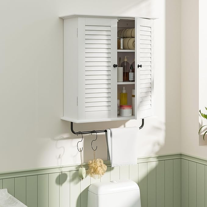 Bathroom Wall Cabinet, Over the Toilet Storage Cabinet, Wooden Wall Cabinet with 2 Doors & Hooks, White Wall Mounted Cabinet, Medicine Cabinet Organizer, Over Toilet Livingroom Kichen