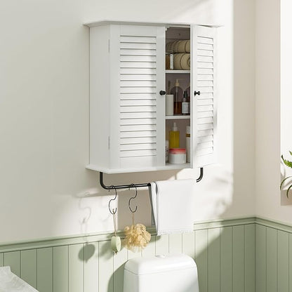 Bathroom Wall Cabinet, Over the Toilet Storage Cabinet, Wooden Wall Cabinet with 2 Doors & Hooks, White Wall Mounted Cabinet, Medicine Cabinet Organizer, Over Toilet Livingroom Kichen