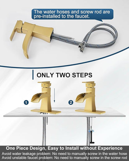 Brass Waterfall Faucet, Brushed Gold Bathroom Faucet, Single Handle for One Hole or 3 Holes 4 Inch with Pop-Up Drain, Pre-Installed Supply Hoses and Deck Plate for Vanity RV Farmhouse Modern