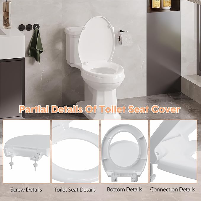 19" Elongated Toilet Seat with Quiet-Close Lid, Soft Close Slow Close Cover with Quick-Release & Quick-Attach Hardware, Full Flat White, Easy Clean Design, Grip-Tight Bumpers